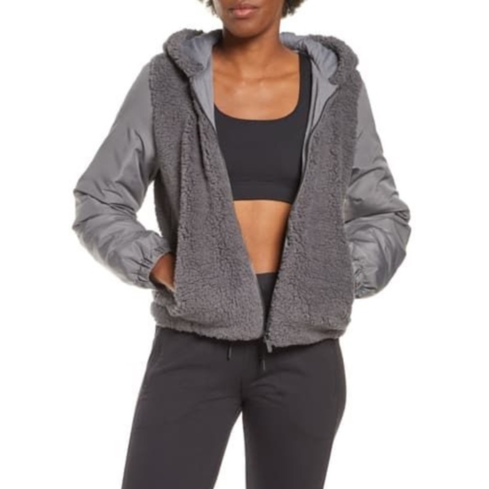 Zella Gray Faux Shearling Bomber Jacket Size Medium